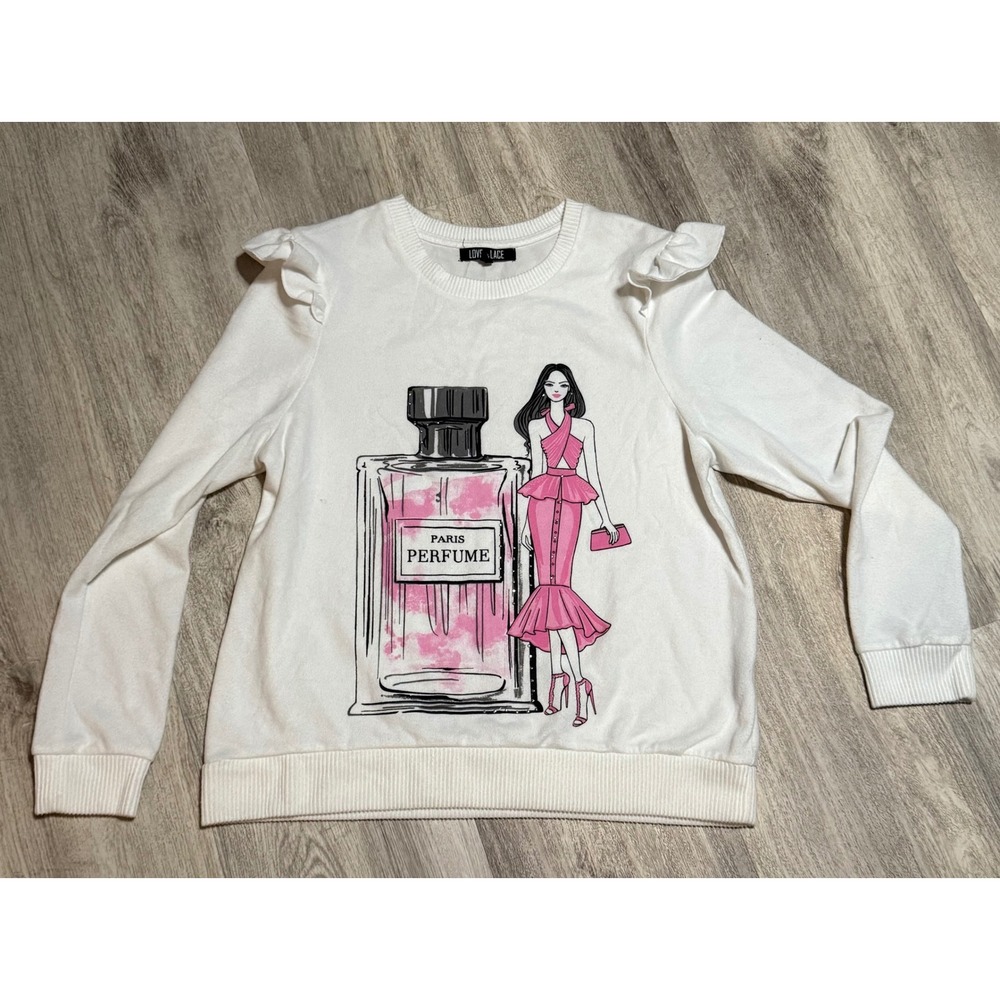 Love + Lace White Graphic Sweatshirt Paris Perfume Ruffle Shoulders‎ XL